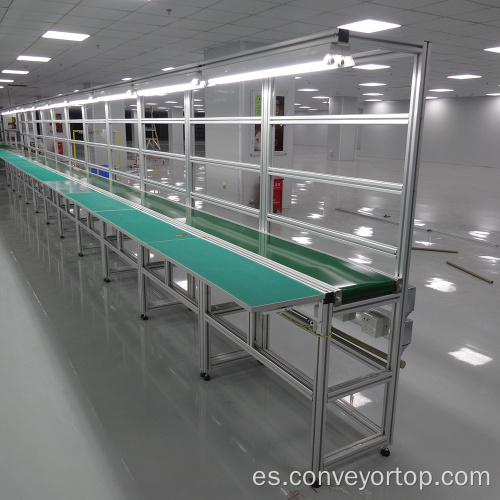 Sistema de cinta transportadora de PVC con mesa de trabajo larga
